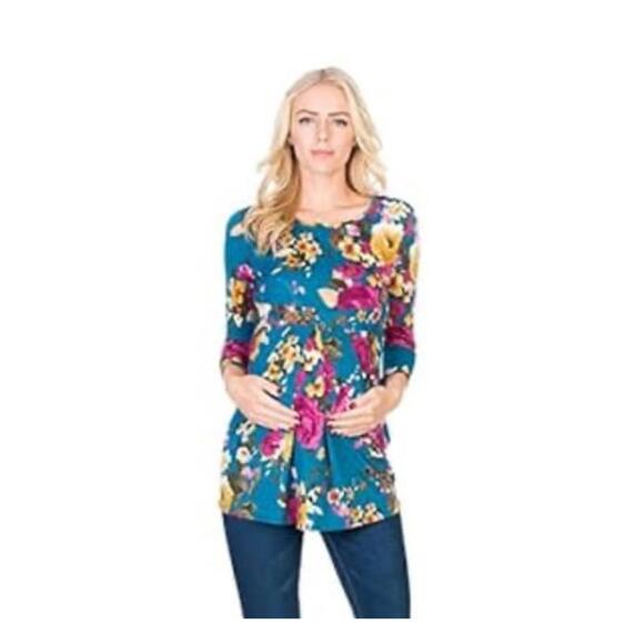 My Bump Tops - My Bump - Maternity Teal & Floral 3/4 Sleeve Pleated Top (Small)*BRAND NEW/NWT*